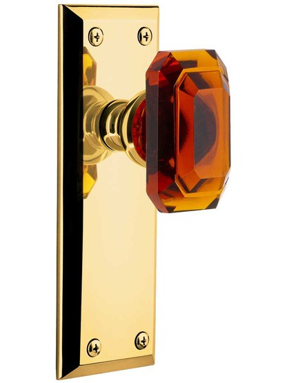 Grandeur Fifth-Avenue Door Set with Amber Crystal-Glass Baguette Knobs in Polished Brass.